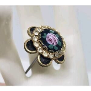 Antique Hand Painted Rose Roses Hatpin Hat Pin Rhinestones & Enamel Very Long